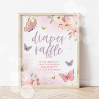 Póster Rótulo Baby Shower Butterfly Diaper Raffle 11x14