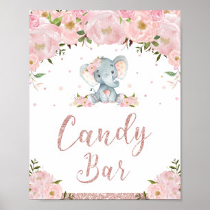 Póster Rótulo Baby Shower Candy Bar con Elefante Floral R