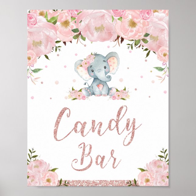 Póster Rótulo Baby Shower Candy Bar con Elefante Floral R (Frente)