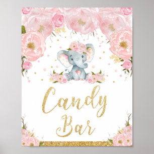 Póster Rótulo Baby Shower Candy Bar con Elefante Floral R