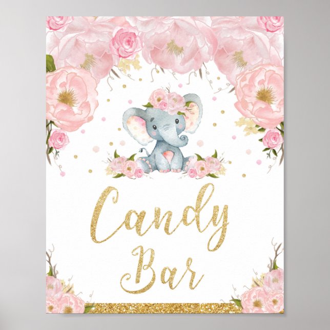 Póster Rótulo Baby Shower Candy Bar con Elefante Floral R (Frente)