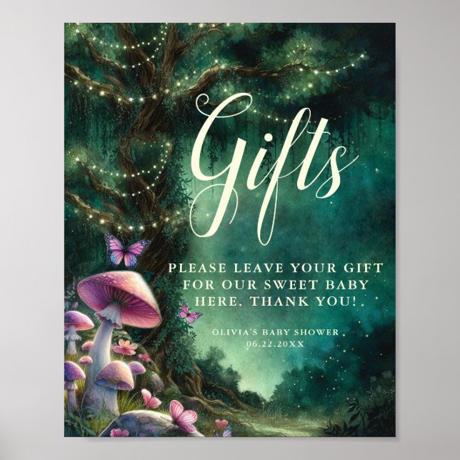Póster Rótulo Baby Shower con hongos boscosos encantados (Frente)