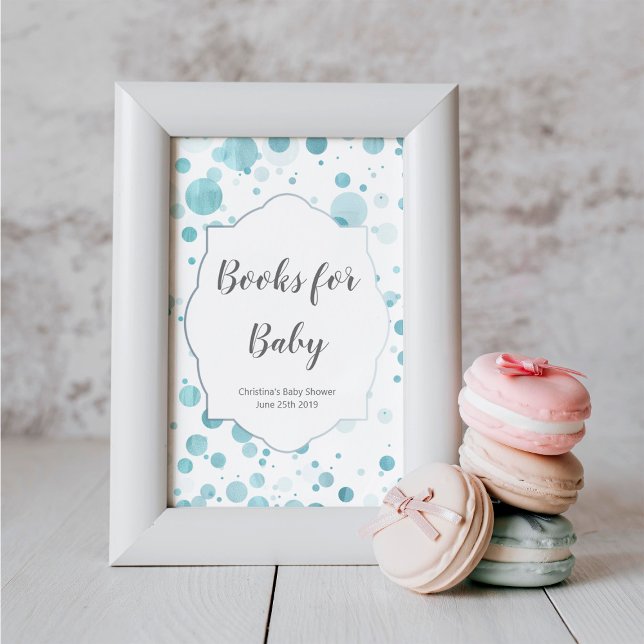 Póster Rótulo Baby Shower con puntos de polka azul, libro (Subido por el creador)