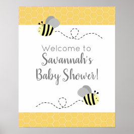 Póster Rótulo Baby Shower de abeja de burbujas gris y ama