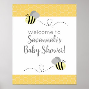 Póster Rótulo Baby Shower de abeja de burbujas gris y ama