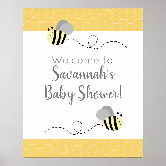 Póster Rótulo Baby Shower de abeja de burbujas gris y ama (Frente)
