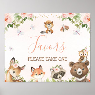 Póster Rótulo Baby Shower de animales de bosque de flores