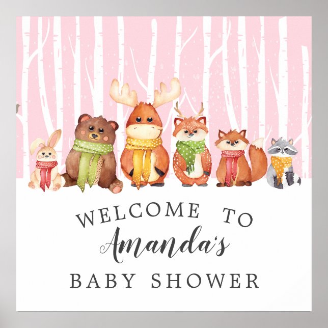 Póster Rótulo Baby Shower de bienvenida a Winter Woodland (Frente)