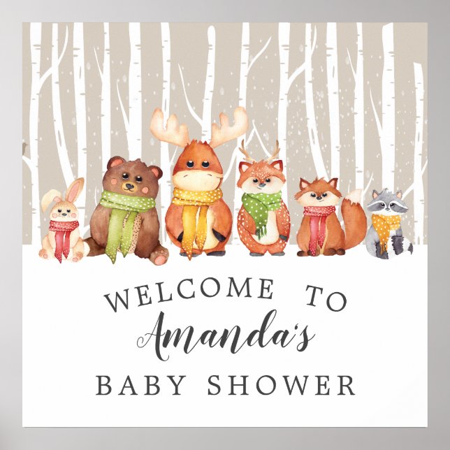 Póster Rótulo Baby Shower de bienvenida a Winter Woodland (Frente)