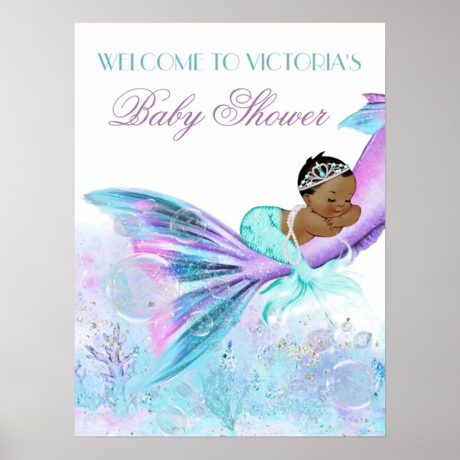 Póster Rótulo Baby Shower de cola de sirena africana (Frente)