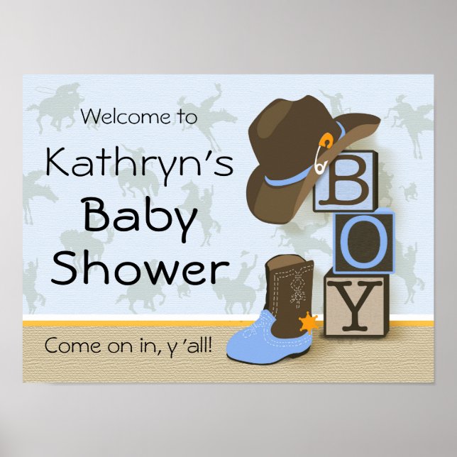 Póster Rótulo Baby Shower de Cowboy Occidental (Frente)