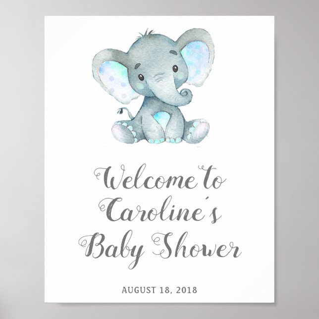 Póster Rótulo Baby Shower de Elefante Azul, Baby Shower S (Frente)