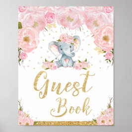 Póster Rótulo Baby Shower de Elefante Floral Rosa