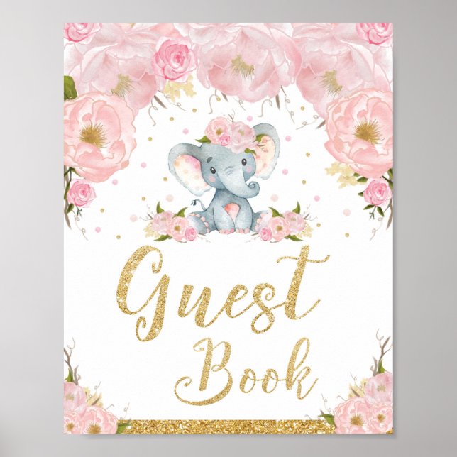 Póster Rótulo Baby Shower de Elefante Floral Rosa (Frente)