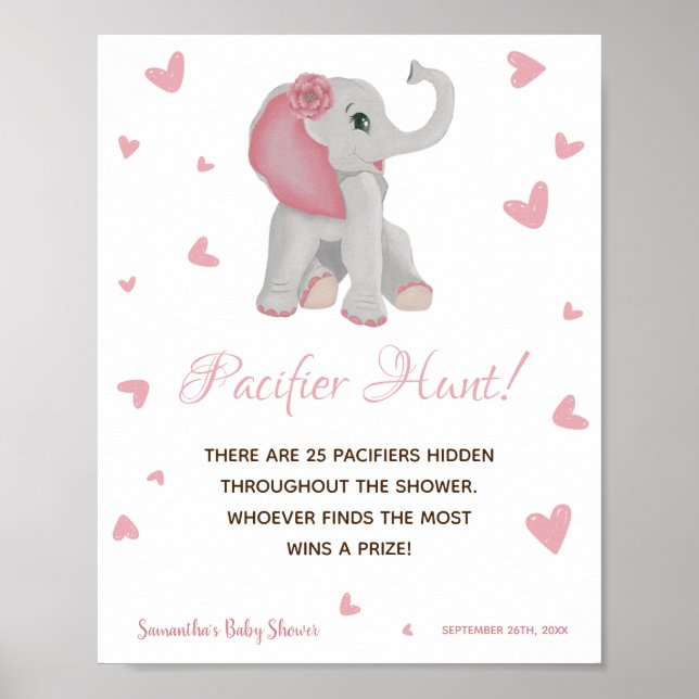 Póster Rótulo Baby Shower de elefante rosa acuarela Chica (Frente)