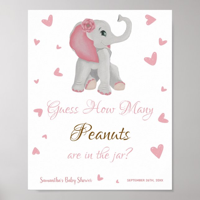 Póster Rótulo Baby Shower de elefante rosa lindo Chica (Frente)