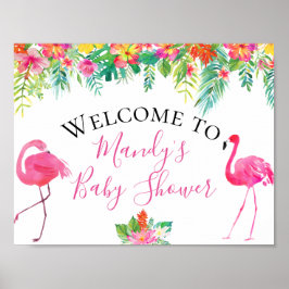 Póster Rótulo Baby Shower de flamencos florales tropicale
