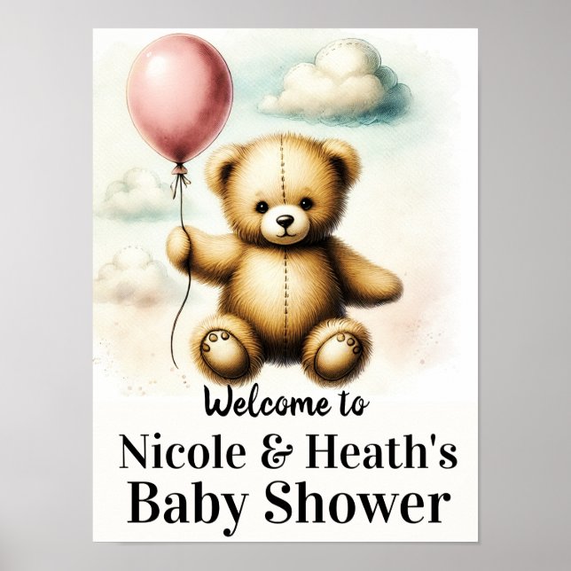 Póster Rótulo Baby Shower de globo rosa de Oso Teddy Bear (Frente)