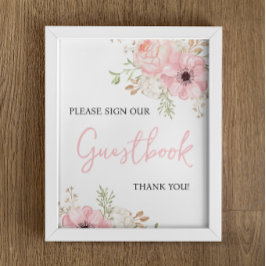 Póster Rótulo Baby Shower de guion floral rosa