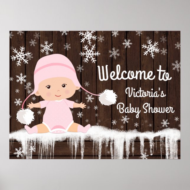 Póster Rótulo Baby Shower de invierno con copo de nieve r (Frente)