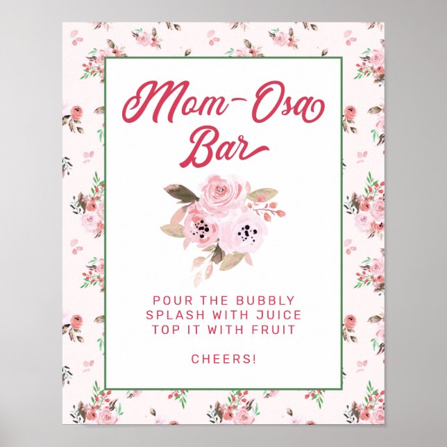 Póster Rótulo Baby Shower de moda Floral Rosa Mamá-Osa Ba (Frente)