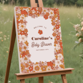 Póster Rótulo Baby Shower de Naranja rosa Groovy Retro Fl