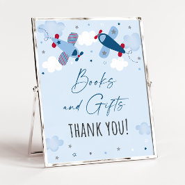 Póster Rótulo Baby Shower de nubes de aviones Libros y Re