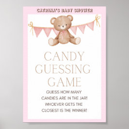 Póster Rótulo Baby Shower de Oso Rosa Teddy