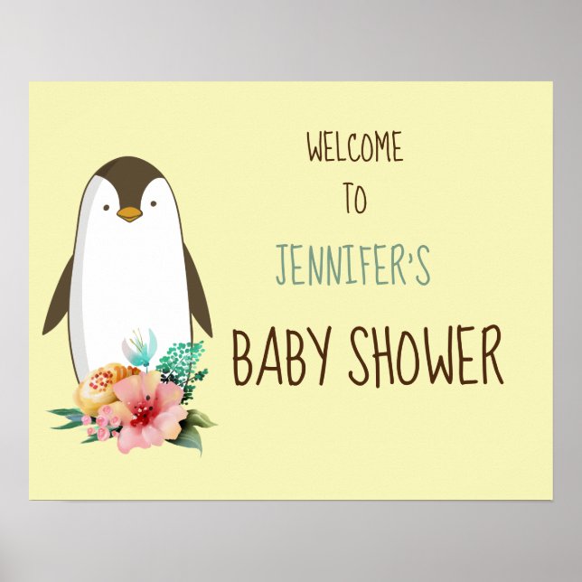 Póster Rótulo Baby Shower de Personalizable Pingüino Flor (Frente)