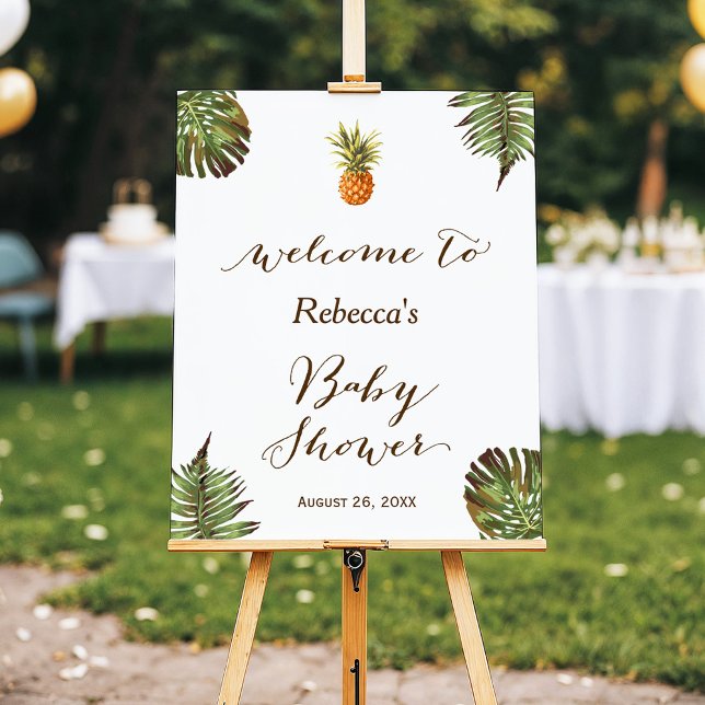 Póster Rótulo Baby Shower de piña de hojas tropicales (Subido por el creador)