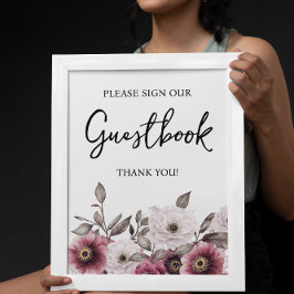 Póster Rótulo Baby Shower de White and Plum Floral Guestb