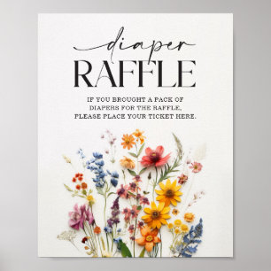 Póster Rótulo Baby Shower Diaper Raffle con flores silves