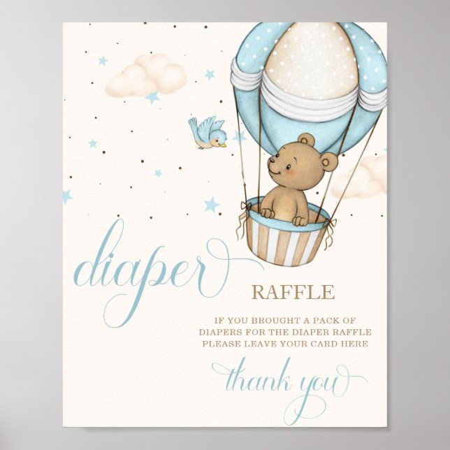 Póster Rótulo Baby Shower Diaper Raffle con globo de Oso  (Frente)