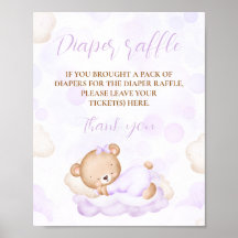 Rótulo Baby Shower Diaper Raffle con oso morado
