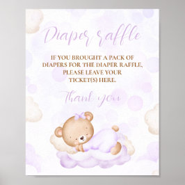 Póster Rótulo Baby Shower Diaper Raffle con oso morado