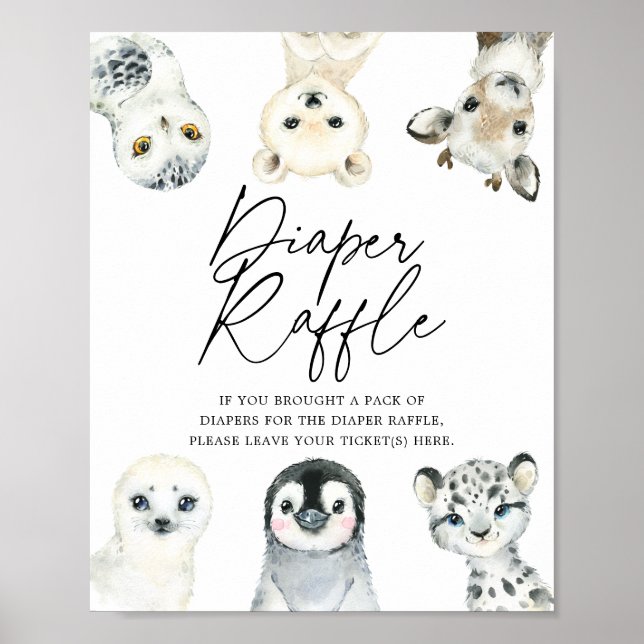 Póster Rótulo Baby Shower Diaper Raffle de Animales Ártic (Frente)