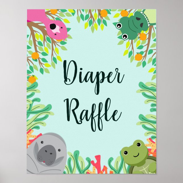 Póster Rótulo Baby Shower Diaper Raffle de Animales de Fl