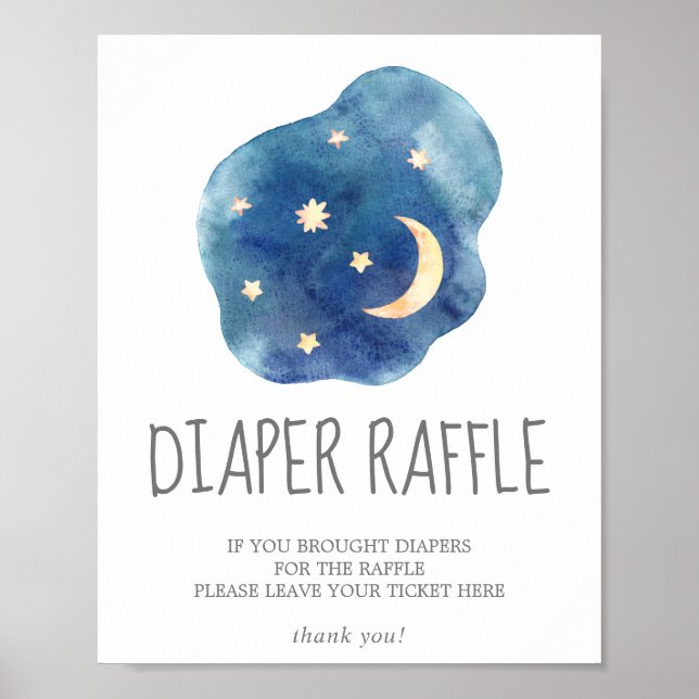 Póster Rótulo Baby Shower Diaper Raffle de Luna y Estrell (Frente)