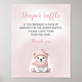 Póster Rótulo Baby Shower Diaper Raffle de oso Polar Rosa