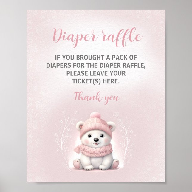 Póster Rótulo Baby Shower Diaper Raffle de oso Polar Rosa (Frente)