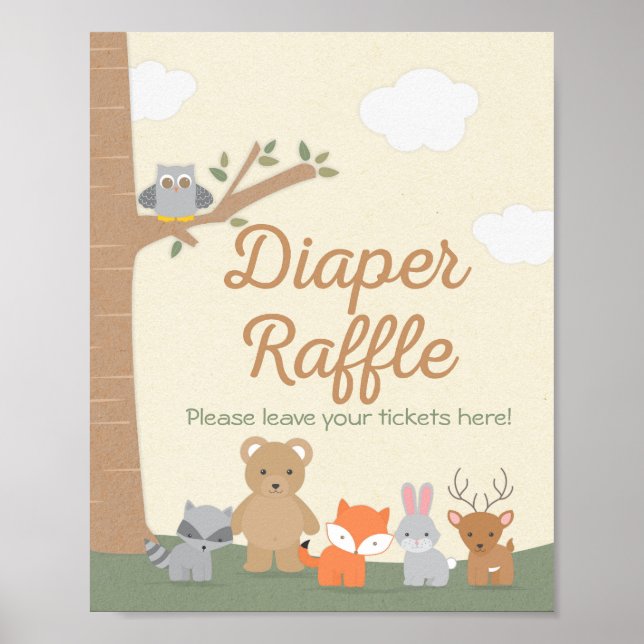 Póster Rótulo Baby Shower Diaper Raffle de Woodland Anima (Frente)