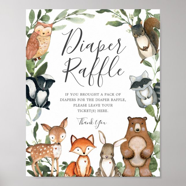 Póster Rótulo Baby Shower Diaper Raffle de Woodland Anima (Frente)