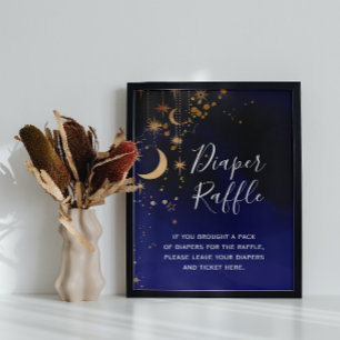 Póster Rótulo Baby Shower Diaper Raffle Moon y estrellas