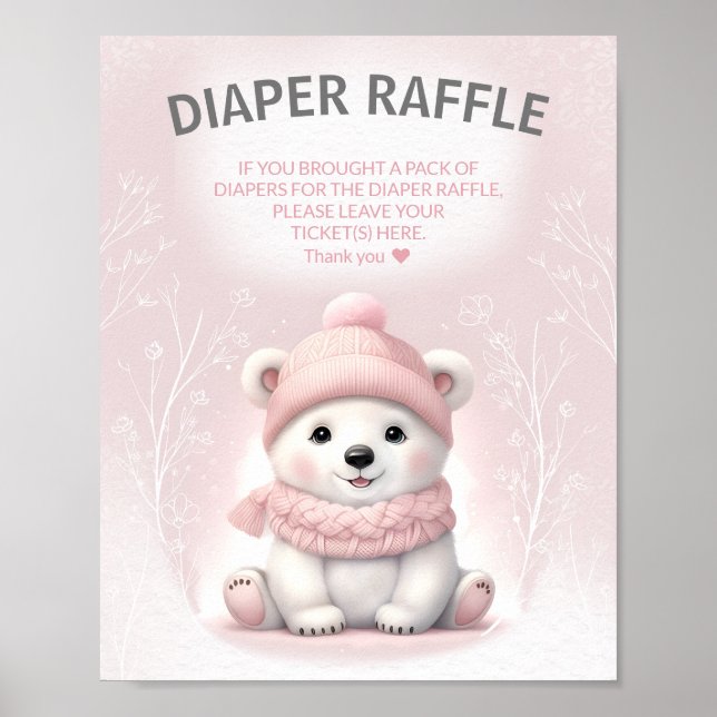 Póster Rótulo Baby Shower Diaper Raffle rosado de oso de  (Frente)
