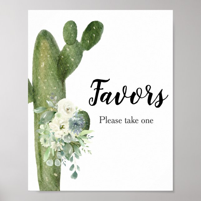 Póster Rótulo Baby Shower Favor Cactus White Flowers (Frente)
