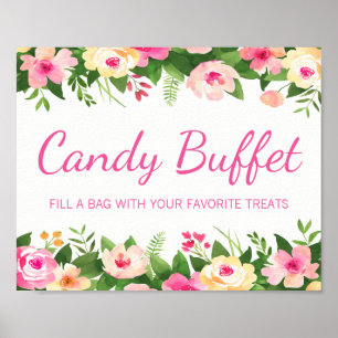 Póster Rótulo Baby Shower floral rosado con caramelos Buf