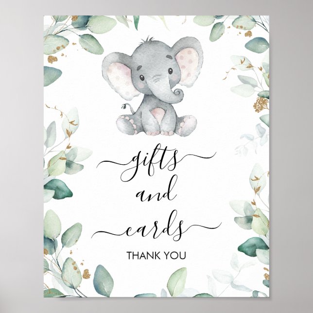 Póster Rótulo Baby Shower Foliage Green Gold Elephant (Frente)