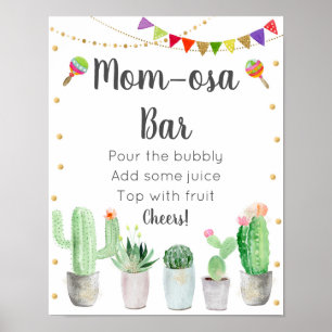 Póster Rótulo Baby Shower Gold Fiesta Cactus Mom-osa Bar