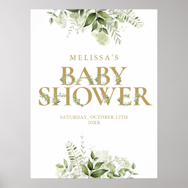 Póster Rótulo Baby Shower Gold Greenery Letter (Frente)