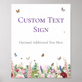 Póster Rótulo Baby Shower | Mariposas Florales Púrpura Ro